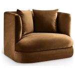Meridian Furniture - Alder Upholstered Chair, Saddle, Velvet, Accent Chair - The Alder saddle velvet upholstered accent chair is an invitation to relax. Its rounded silhouette and soft velvet upholstery create a cozy and inviting space, perfect for curling up with a good book or simply unwinding after a long day. Whether you're entertaining or enjoying a quiet moment alone, this chair is the perfect touch of warmth and elegance for any space.