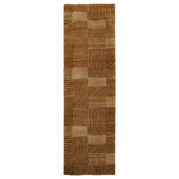3'x10' Hand Knotted Wool and Silk Lapchi Patchwork Area Rug, Brown