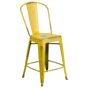 24" High Distressed Yellow Metal Indoor Counter H Stool With Back