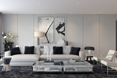 Diseño de salón abierto moderno con paredes grises, suelo de mármol, televisor colgado en la pared y suelo blanco