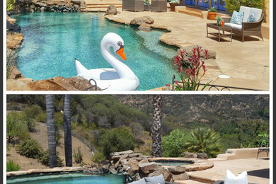 Pool fountain - huge mediterranean backyard stone and custom-shaped natural pool fountain idea