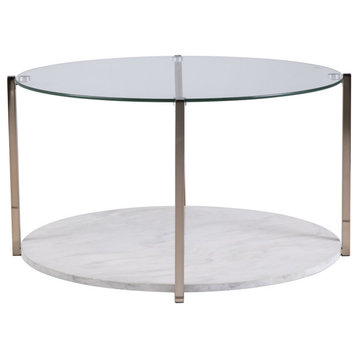Elegant Coffee Table, Gold Legs With Round Glass Top & Bottom Faux Marble Shelf