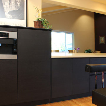 Cupertino kitchen in carbon oak and gloss white cabinets