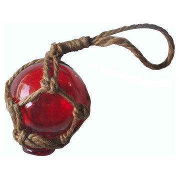 Red Japanese Glass Ball With Brown Netting Christmas Ornament 2"