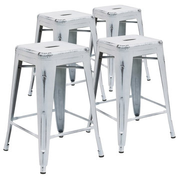 24" High Backless Distressed White Metal Indoor Counter Stools, Set of 4