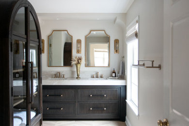 Bathroom - mid-sized mid-century modern master white floor and double-sink bathroom idea in Minneapolis with black cabinets, a drop-in sink, quartzite countertops, gray countertops and a freestanding vanity