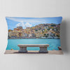 Seafront Bench in Port Santo Stefano Seashore Throw Pillow, 12"x20"