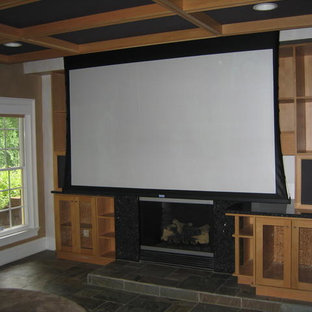 This is an example of a medium sized classic enclosed home cinema in Other with beige walls, lino flooring and a projector screen.