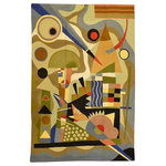 Kashmir Designs - Kandinsky Composition Wool Rug / Wall Tapestry Hand Embroidered 6ft x 4ft - This modern accent wool Rug is hand embroidered by the finest artisans of Kashmir and design inspired by the works of modern artist, Wassily Kandinsky. Many of our customers buy these contemporary rugs as a wall art to decorate the walls of their modern homes or to spice up their traditional decor. The expert Kashmiri needlework in this handmade, hand embroidered contemporary rug is of the finest chainstitch, a superlative stitch. The eye-catching design deserves to be seen and experienced. Wherever you place it, it is sure to draw attention. The Kashmir wool makes it soft to the touch, and the texture of the embroidery is a sensory delight. This area rug will make an excellent outdoor or indoor rug and will add fun and festive atmosphere to your home.
