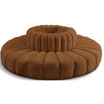 Meridian Furniture - Arc Upholstered Outward Curved Modular Sectional, Saddle, 8-Piece: Reverse Corner (8), Velvet - Give your living room or den the perfect blend of style and versatility with this Arc velvet fabric curved modular Sectional. Part of the Arc modular furniture collection, this Sectional comes upholstered in rich saddle velvet fabric and features deep channel tufting that adds a touch of luxury while enhancing comfort and support. A seamless combination of form and function, this chair can be used with other Arc pieces to create a myriad of configurations in your well-curated room.