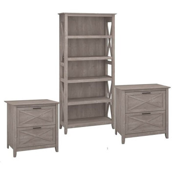 3 Piece Storage Office Set Bookshelf and 3 File Cabinet in Washed Gray