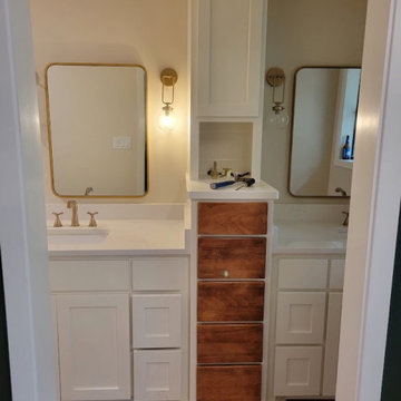 Custom Double Vanity with Two-Tone Storage Tower & Sliding Barn Door