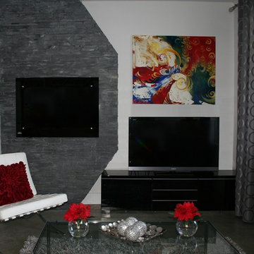 Grey / White / Red Contemporary Family Room