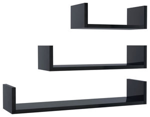 vidaXL 3x Wall Display Shelf High Gloss Black Engineered Wood Shelf Furniture