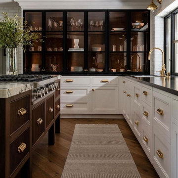 2 tone Kitchen Cabinetry: Wood Island with White Shaker and Black Framed Glass