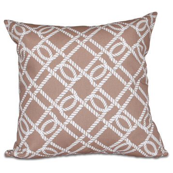 Know The Ropes, Geometric Print Outdoor Pillow, Beige And Taupe, 18"x18"