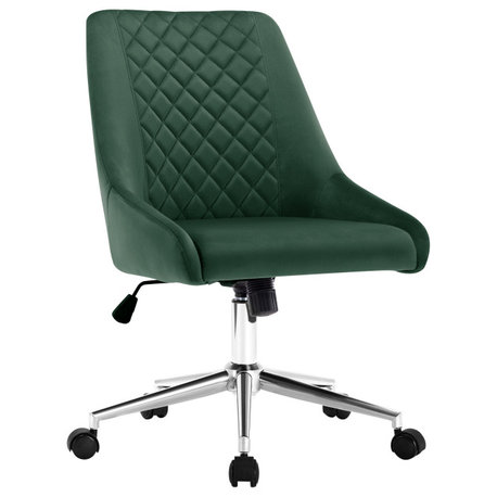 Diamond Stitched Swivel Velvet Task Chair, Dark Green & Silver Base