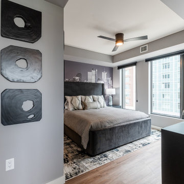 Contemporary Primary Bedroom with City-Inspired Feature Wall