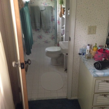 Master bath with enlarged shower and espresso bamboo vanity