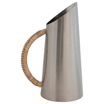 Modern Boho Angled Stainless Steel Pitcher with Rattan Wrapped Handle