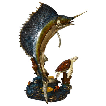 Sailfish and a Large Sea Turtle Bronze Statue Size: 47" x 29" x 68"H