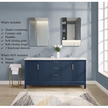 Valencia 72" Wood double Sink Freestanding Vanity, Top and Sink, Midnight Blue