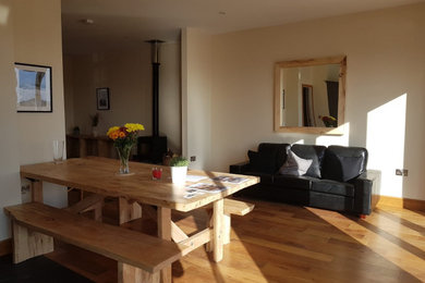 Inspiration for a medium sized traditional open plan dining room in Other with white walls, light hardwood flooring, a wood burning stove, a stone fireplace surround and brown floors.