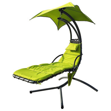 Ergonomic Lounge Swing Chair, Curved Black Metal Frame With Canopy, Green