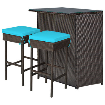 Costway 3PCS Patio Rattan Bar Table Dining Set Cushioned Turquoise