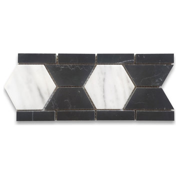 Carrara White Marble 3 Hexagon Black Mosaic Border Listello Tile Honed, 1 sheet