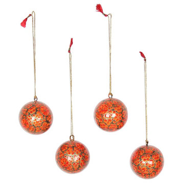 Handmade Fiery Blossoms  Papier mache ornaments (set of 4) - India