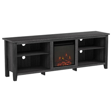 Classic Entertainment Stand, 4 Open Storage Shelves & Center Fireplace, Charcoal
