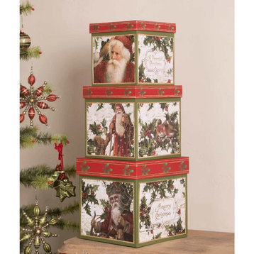 Christmas Holly Boxes Set/3 Paper Vintage Nesting Tl0233