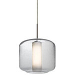 Besa Lighting - Besa Lighting 1JT-NILES10CO-BR Niles 10 - One Light Pendant with Flat Canopy - The Niles Amber Pendant is composed of a broad transparent amber glass cylinder, with an interesting bubble pattern blown randomly throughout the glass and exposed light source. The pleasing play of light through the bubble accents make for a striking affect, along with the popular theme of this transitionally designed pendant. The cord pendant fixture is equipped with a 10' SVT cordset and an low profile flat monopoint canopy. These stylish and functional luminaries are offered in a beautiful brushed Bronze finish.  No. of Rods: 4  Canopy Included: TRUE  Shade Included: TRUE  Cord Length: 120.00  Canopy Diameter: 5 x 5 x 0 Rod Length(s): 18.00Niles 10 One Light Pendant with Flat Canopy Clear Bubble/Opal GlassUL: Suitable for damp locations, *Energy Star Qualified: n/a  *ADA Certified: n/a  *Number of Lights: Lamp: 1-*Wattage:60w T10 Medium Base bulb(s) *Bulb Included:No *Bulb Type:T10 Medium Base *Finish Type:Bronze