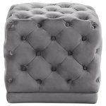 Meridian Furniture - Stella Velvet Upholstered Ottoman/Stool, Gray - Unwind in luxury with your feet propped atop this Stella Grey Velvet Ottoman/Stool. Luxe velvet upholstery covers every square inch of this stool's top and sides, giving it a glamorously contemporary look. The soft color blends easily with any decor theme, and the deep button tufting in a diamond-like grid pattern adds a lavish feel while helping the stool keep its loft. Position it near your favorite easy chair to create a cozy spot to relax at day's end.