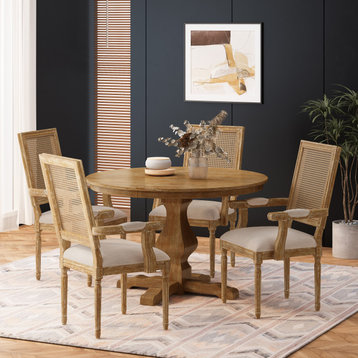Joretta French Country Upholstered Wood and Cane 5-Piece Circular Dining Set, Natural/Beige