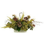Creative Displays - Fall Arrangement with Hydrangeas, Pampas and Proteas - Beautifully handcrafted in the USA, this fall flower arrangement is the perfect addition to any home, office, or special occasion. Featuring purple and green hydrangeas, brown protea, olive pampas grass, and purple lucky berries, this arrangement is crafted with only the highest quality and most durable materials. The eye-catching display is finished with curly willow and placed in a cream ceramic vase, ready to be displayed with no need for watering or maintenance. It’s the perfect way to commemorate special moments and occasions like weddings, anniversaries, and birthdays. A perfect gift for your loved ones, this fall flower arrangement is sure to make a lasting impression.