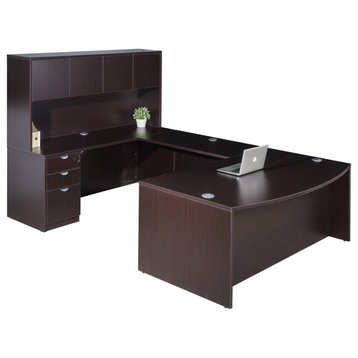 U-Shaped Curved Bow Desk with File Storage Pedestal and 4 Door Hutch Mocha