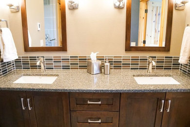 Bathroom - large traditional master beige tile and matchstick tile ceramic tile bathroom idea in Other with an undermount sink, shaker cabinets, quartz countertops, dark wood cabinets and beige walls