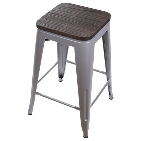 Gray Backless Metal Bar Stools, Dark Wooden Seat, Set of 3