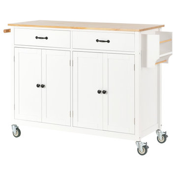 TATEUS Solid Wood Kitchen Island Cart with Locking Wheels, White