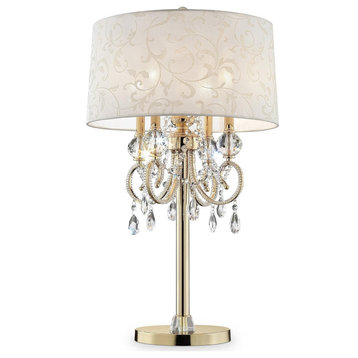 Contemporary Table Lamp, Polished Golden Frame With Crystal Strands Accents