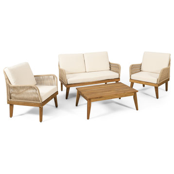 Hueber Outdoor Acacia Wood Chat Set With Cushion, Teak, Light Brown, and Beige