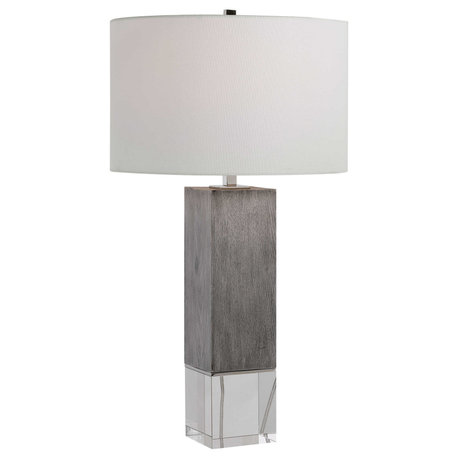 Elegant Modern Lodge Gray Oak Look Table Lamp Crystal Square White Round Shade