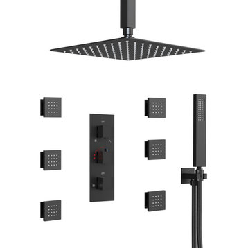 12" Rainfall Shower Faucet & Dual Shower Heads With Body Jets, Matte Black