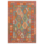 Bareens Designer Rugs - Rustic Turkish Kilim Gennie Hand-Woven Wool Rug - 4'11'' x 6'7'' - Elevate the elegance of your home with this stunning hand-woven tribal Kilim wool rug. Meticulously crafted on a loom by the Nomad Turkman people using hand-spun wool and 100% natural vegetable dyes, these rugs are recognized for their repetitive geometric patterns, incorporating naturalistic floral and traditional designs. The contemporary fashion palette results in bold, sharp patterns that are incredibly versatile, as the pattern is the same on both sides. These reversible rugs feature a lighter shade on one side and brighter colors on the other, providing versatility according to preference. These unique rugs are made by knotting short strands of different colors onto the warps and securing them by tightly pressing the wefts. The designs are created by interweaving the various colored wefts and warps. Kilims are known for their exceptional durability and versatility, making them truly unique rugs.  Product Details    Rug Size: 4'11'' x 6'7''  Material: 100% Wool  Style: Kilim, Flat Weave, Dhurrie, Turkish, Southwestern, Rustic, Tribal  Colors: Blue, Rust  Weave Type: Hand-Woven, Handmade  Pile Height: Less than 0.25 inch