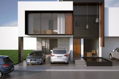 Example of a mid-sized minimalist white three-story brick exterior home design