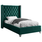 Meridian Furniture - Ames Velvet Bed, Green, Twin - Elegant and eye-catching, the stunning Aiden Bed from Meridian Furniture is the perfect addition to any bedroom. Rich velvet covers the deep tufted design. A beautiful wing bed design is complimented by hand applied chrome nail head details. Strength and beauty is guaranteed with a solid wood frame and stainless steel legs.