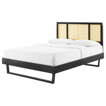Platform Bed Frame, Full Size, Wood, Black, Modern Mid-Century, Bedroom Master