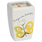 Creative Bath - Flutterby Kathy Davis Tumbler - Store combs or makeup brushes in the unique Flutterby Kathy Davis Tumbler. Made from matte white ceramic with a colorful butterfly design, this tumbler is whimsical and fun. Display it alongside other pieces from the Flutterby Kathy Davis bath collection for a cohesive look.